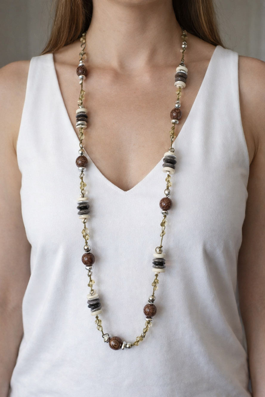 Artisan Mixed Stone Statement 34" Necklace Gray Brown Silver Boho Chic